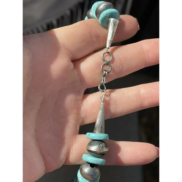 Navajo Sterling Silver Turquoise Handmade Beaded Necklace & Earrings Set - Picture 8 of 8